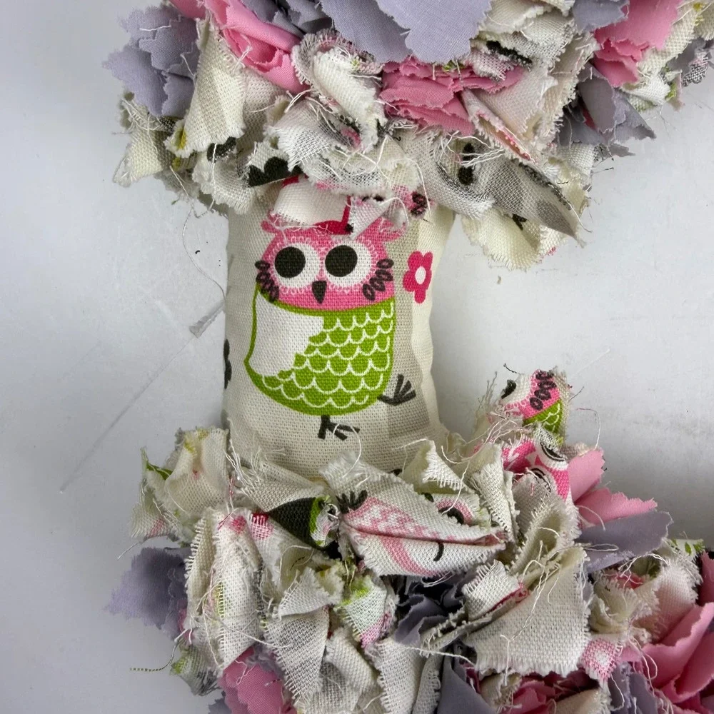 Handmade Shabby Chic Owl Rag Wreath Pink Grey Burlap Roses Nursery Decor 12